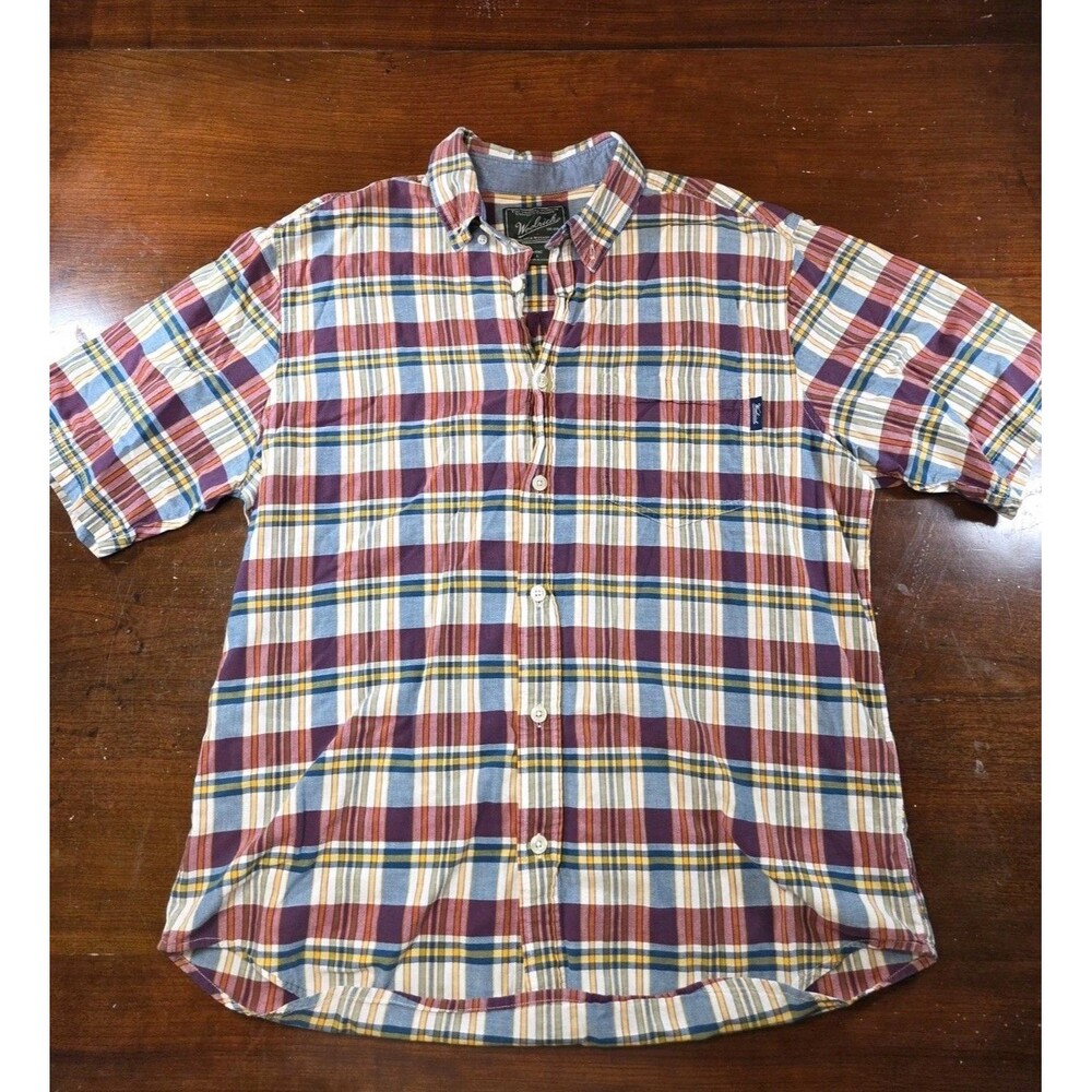 Woolrich Shirt Mens Large Plaid Button Down Short Sleeve Cotton Outdoor Hiking